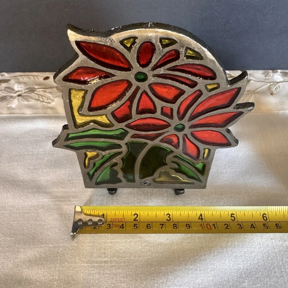 Vintage Tiffany Style Poinsettia Stained Glass Cast Iron Candle Votive Holder